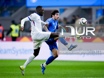 Marcus Thuram of France and Sandro Tonali of Italy compete for the ball during the UEFA Nations League 2024/25 League A Group 2 match betwee...