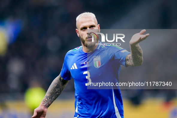 Federico Dimarco of Italy reacts during the UEFA Nations League 2024/25 League A Group 2 match between Italy and France at Stadio Giuseppe M...