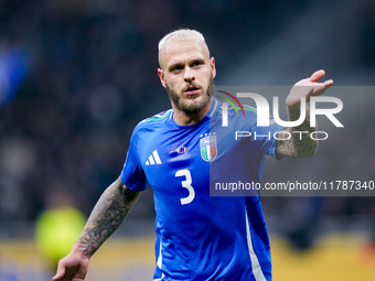 Federico Dimarco of Italy reacts during the UEFA Nations League 2024/25 League A Group 2 match between Italy and France at Stadio Giuseppe M...