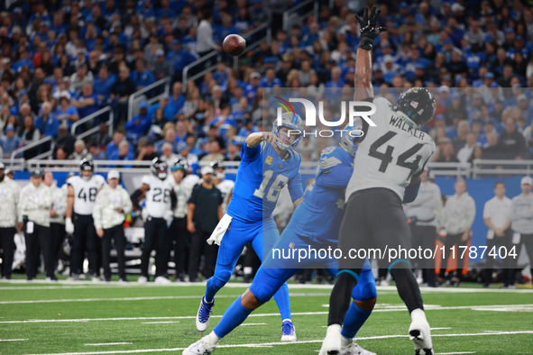 DETROIT,MICHIGAN-November 17: Detroit Lions quarterback Jared Goff (16) throws a pass during the second half of an NFL football game between...