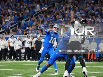 DETROIT,MICHIGAN-November 17: Detroit Lions quarterback Jared Goff (16) throws a pass during the second half of an NFL football game between...