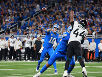 DETROIT,MICHIGAN-November 17: Detroit Lions quarterback Jared Goff (16) throws a pass during the second half of an NFL football game between...