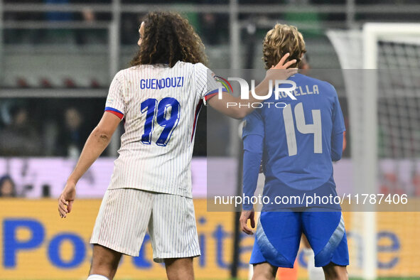 Matteo Guendouzi (FRA) and Nicolo Rovella (ITA) are in action during the UEFA Nations League Matchday 6 match between Italy and France at th...