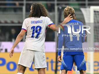 Matteo Guendouzi (FRA) and Nicolo Rovella (ITA) are in action during the UEFA Nations League Matchday 6 match between Italy and France at th...