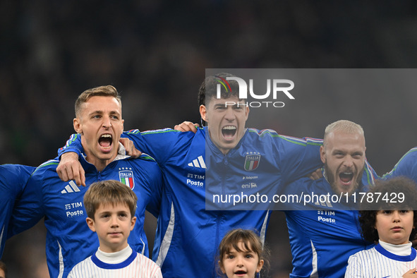 Davide Frattesi, Alessandro Bastoni, and Federico Dimarco of Italy participate in the Group A2 - UEFA Nations League 2024 match between Ital...