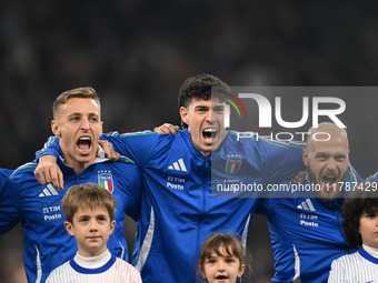 Davide Frattesi, Alessandro Bastoni, and Federico Dimarco of Italy participate in the Group A2 - UEFA Nations League 2024 match between Ital...