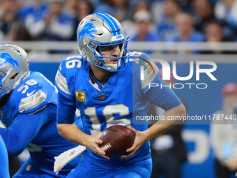 DETROIT,MICHIGAN-November 17: Detroit Lions quarterback Jared Goff (16) looks to pass during the second half of an NFL football game between...