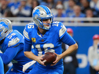 DETROIT,MICHIGAN-November 17: Detroit Lions quarterback Jared Goff (16) looks to pass during the second half of an NFL football game between...