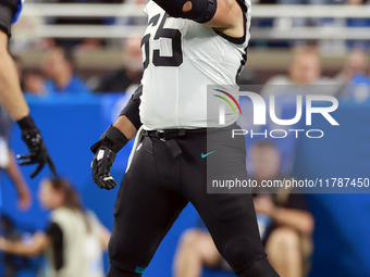 DETROIT,MICHIGAN-NOVEMBER17:  Center Mitch Morse (65) of the Jacksonville Jaguars signals at the line of scrimmage during a game between the...