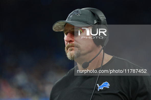 DETROIT,MICHIGAN-November 17: Detroit Lions head coach Dan Campbell looks on during the second half of an NFL football game between the Jack...