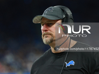 DETROIT,MICHIGAN-November 17: Detroit Lions head coach Dan Campbell looks on during the second half of an NFL football game between the Jack...