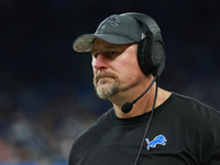 DETROIT,MICHIGAN-November 17: Detroit Lions head coach Dan Campbell looks on during the second half of an NFL football game between the Jack...