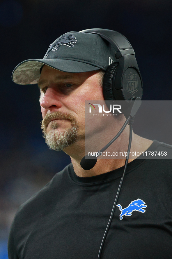 DETROIT,MICHIGAN-November 17: Detroit Lions head coach Dan Campbell looks on during the second half of an NFL football game between the Jack...