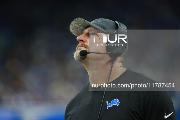 DETROIT,MICHIGAN-November 17: Detroit Lions head coach Dan Campbell looks on during the second half of an NFL football game between the Jack...