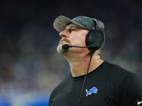 DETROIT,MICHIGAN-November 17: Detroit Lions head coach Dan Campbell looks on during the second half of an NFL football game between the Jack...