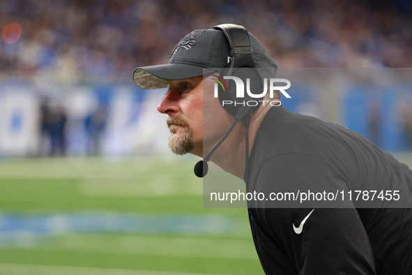 DETROIT,MICHIGAN-November 17: Detroit Lions head coach Dan Campbell looks on during the second half of an NFL football game between the Jack...