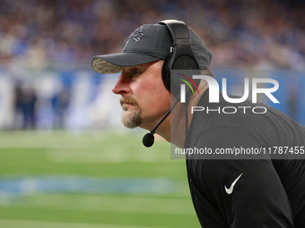 DETROIT,MICHIGAN-November 17: Detroit Lions head coach Dan Campbell looks on during the second half of an NFL football game between the Jack...