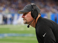 DETROIT,MICHIGAN-November 17: Detroit Lions head coach Dan Campbell looks on during the second half of an NFL football game between the Jack...