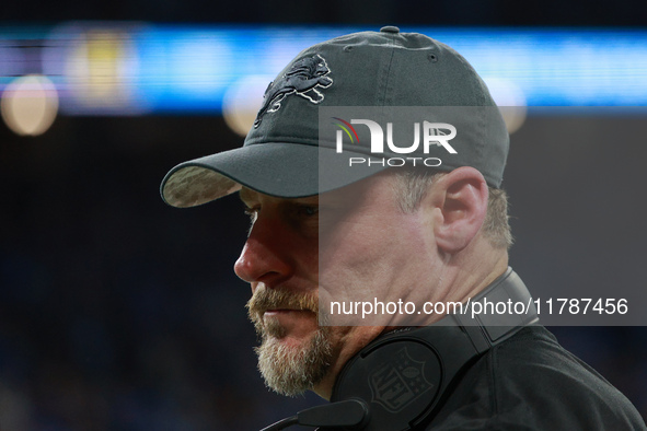 DETROIT,MICHIGAN-November 17: Detroit Lions head coach Dan Campbell looks on during the second half of an NFL football game between the Jack...