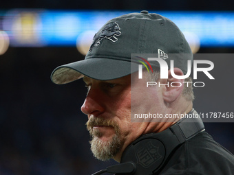 DETROIT,MICHIGAN-November 17: Detroit Lions head coach Dan Campbell looks on during the second half of an NFL football game between the Jack...