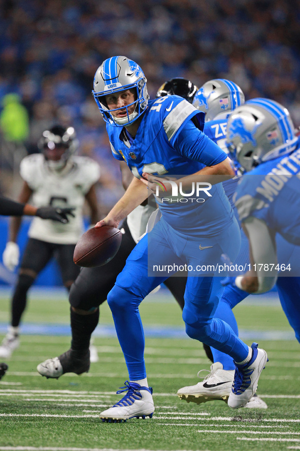 DETROIT,MICHIGAN-November 17: Detroit Lions quarterback Jared Goff (16) looks to pass during the second half of an NFL football game between...