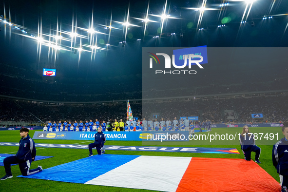 Teams lines up during the UEFA Nations League 2024/25 League A Group 2 match between Italy and France at Stadio Giuseppe Meazza on November...