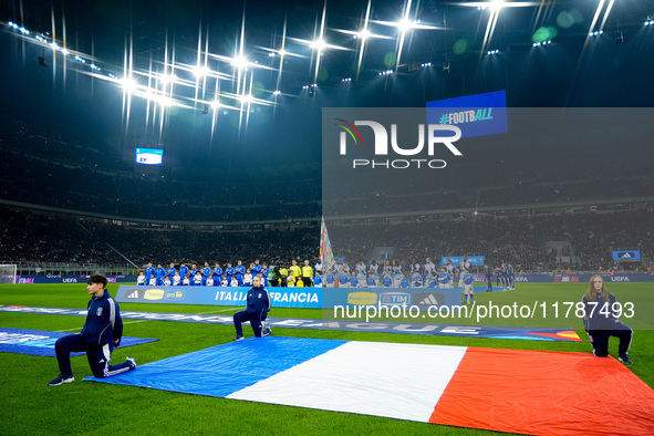 Teams lines up during the UEFA Nations League 2024/25 League A Group 2 match between Italy and France at Stadio Giuseppe Meazza on November...