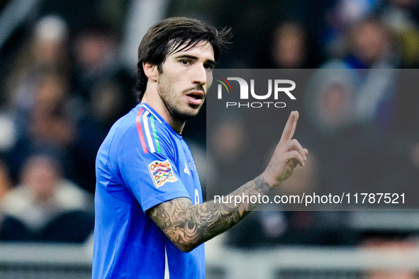 Sandro Tonali of Italy gestures during the UEFA Nations League 2024/25 League A Group 2 match between Italy and France at Stadio Giuseppe Me...