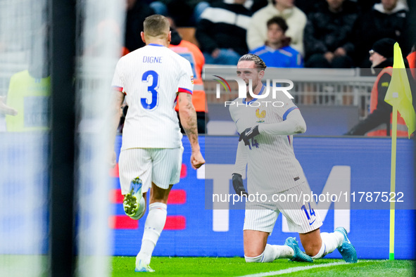 Adrien Rabiot of France celebrates after scoring third goal during the UEFA Nations League 2024/25 League A Group 2 match between Italy and...