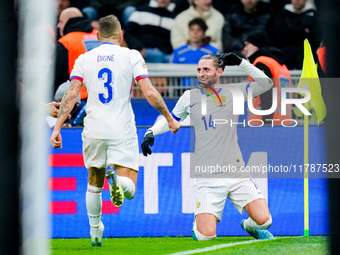 Adrien Rabiot of France celebrates after scoring third goal during the UEFA Nations League 2024/25 League A Group 2 match between Italy and...