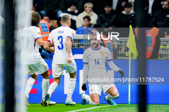 Adrien Rabiot of France celebrates after scoring third goal during the UEFA Nations League 2024/25 League A Group 2 match between Italy and...