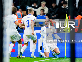 Adrien Rabiot of France celebrates after scoring third goal during the UEFA Nations League 2024/25 League A Group 2 match between Italy and...