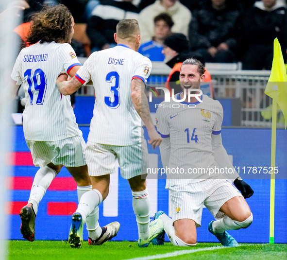 Adrien Rabiot of France celebrates after scoring third goal during the UEFA Nations League 2024/25 League A Group 2 match between Italy and...