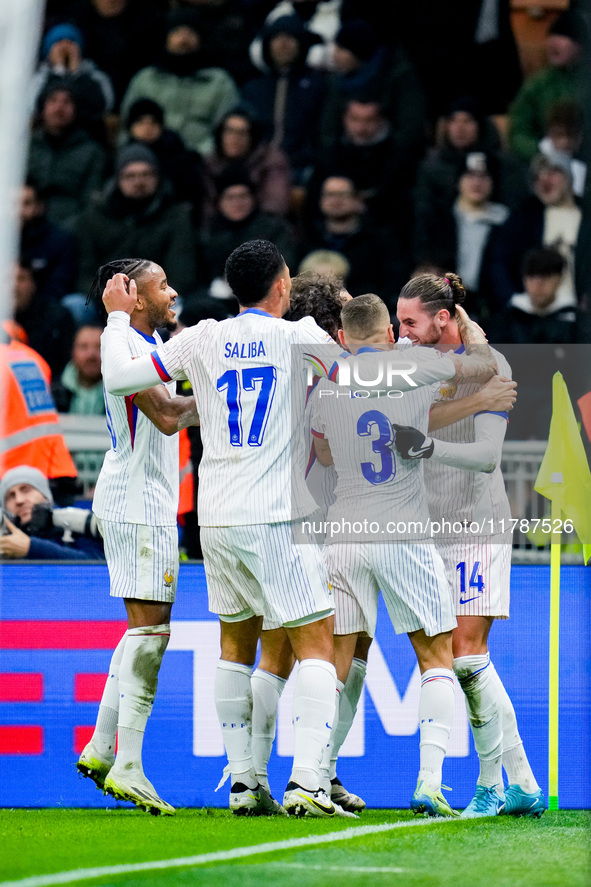 Adrien Rabiot of France celebrates after scoring third goal during the UEFA Nations League 2024/25 League A Group 2 match between Italy and...