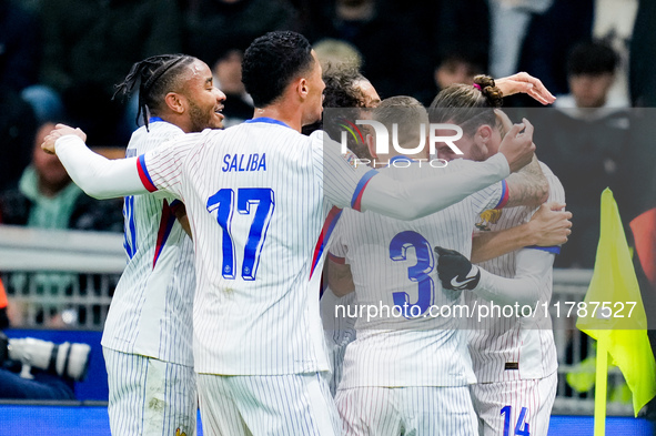 Adrien Rabiot of France celebrates after scoring third goal during the UEFA Nations League 2024/25 League A Group 2 match between Italy and...