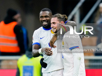 Adrien Rabiot of France celebrates with Marcus Thuram after scoring third goal during the UEFA Nations League 2024/25 League A Group 2 match...