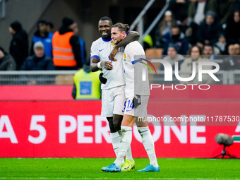 Adrien Rabiot of France celebrates with Marcus Thuram after scoring third goal during the UEFA Nations League 2024/25 League A Group 2 match...