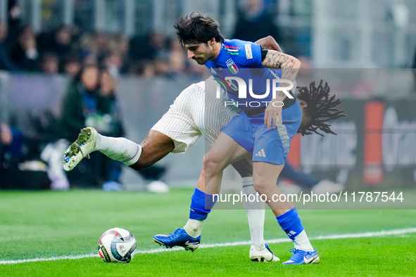 Sandro Tonali of Italy and Jules Kounde' of France compete for the ball during the UEFA Nations League 2024/25 League A Group 2 match betwee...