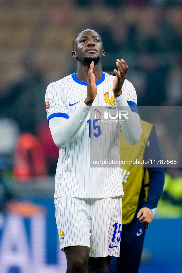 Ibrahima Konate of France celebrates the victory at the end of the UEFA Nations League 2024/25 League A Group 2 match between Italy and Fran...