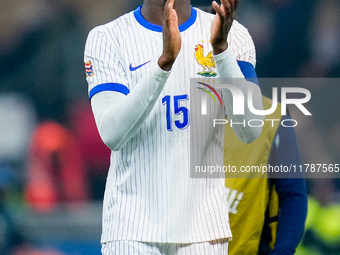 Ibrahima Konate of France celebrates the victory at the end of the UEFA Nations League 2024/25 League A Group 2 match between Italy and Fran...