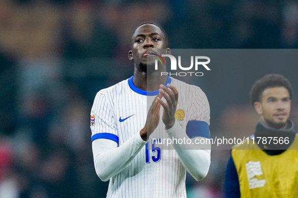 Ibrahima Konate of France celebrates the victory at the end of the UEFA Nations League 2024/25 League A Group 2 match between Italy and Fran...