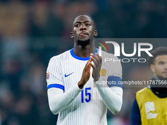 Ibrahima Konate of France celebrates the victory at the end of the UEFA Nations League 2024/25 League A Group 2 match between Italy and Fran...