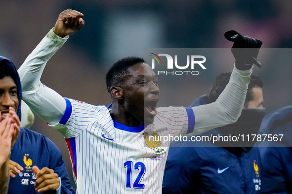 Randal Kolo Muani of France celebrates the victory at the end of the UEFA Nations League 2024/25 League A Group 2 match between Italy and Fr...