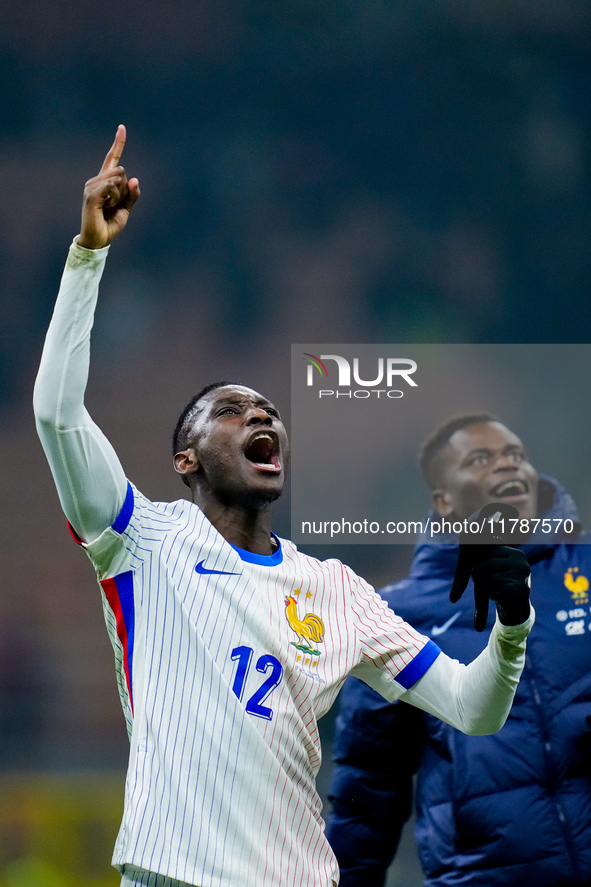 Randal Kolo Muani of France celebrates the victory at the end of the UEFA Nations League 2024/25 League A Group 2 match between Italy and Fr...