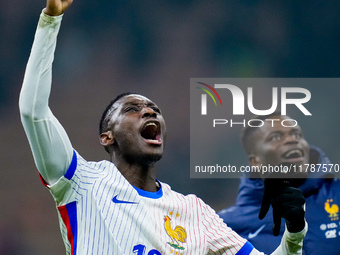 Randal Kolo Muani of France celebrates the victory at the end of the UEFA Nations League 2024/25 League A Group 2 match between Italy and Fr...