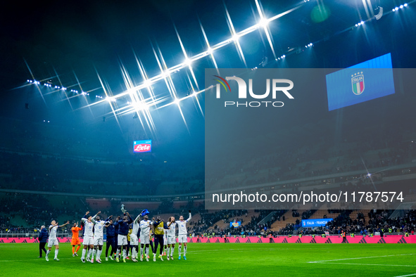 Players of France celebrate the victory at the end of the UEFA Nations League 2024/25 League A Group 2 match between Italy and France at Sta...