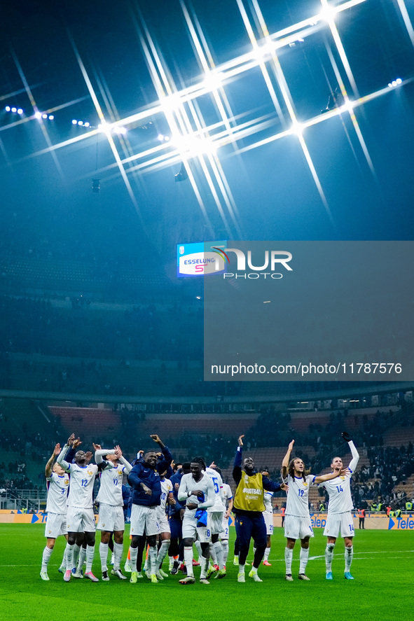 Players of France celebrate the victory at the end of the UEFA Nations League 2024/25 League A Group 2 match between Italy and France at Sta...