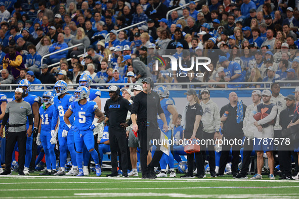 DETROIT,MICHIGAN-November 17: Detroit Lions head coach Dan Campbell looks on during the first half of an NFL football game between the Jacks...