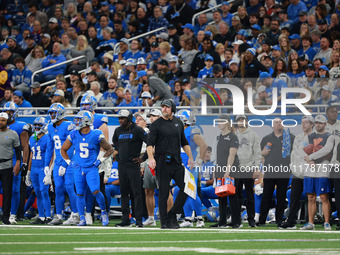 DETROIT,MICHIGAN-November 17: Detroit Lions head coach Dan Campbell looks on during the first half of an NFL football game between the Jacks...