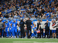 DETROIT,MICHIGAN-November 17: Detroit Lions head coach Dan Campbell looks on during the first half of an NFL football game between the Jacks...